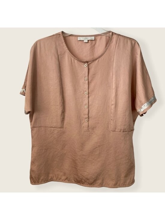 Tops - Short Sleeves Top Brown Tan Medium Petite Trendy Top